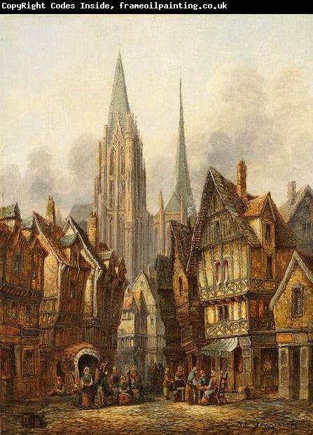 Pieter Cornelis Dommersen A gothic cathedral in a medieval city